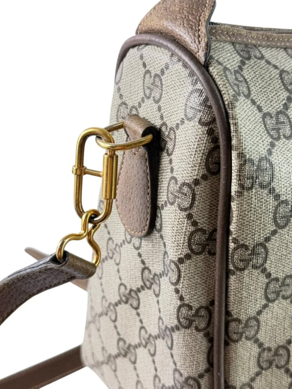 GUCCI Beige Canvas GG Monogram Web Accent Supreme Boston Bag Made in Italy